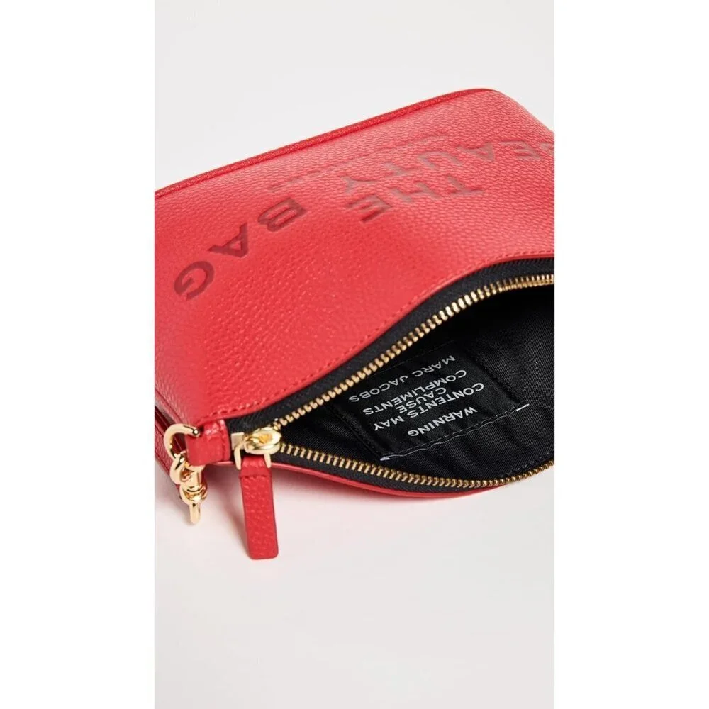 Leather Beauty Bag Womens Red Cow Split Leather Zipper Closure 12x9x2